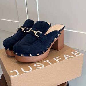 JustFab Dark Navy Mules with Gold Detailing
